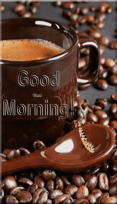 Coffee Cup Surrounded By Beans And Spoon With Butterfly GIF