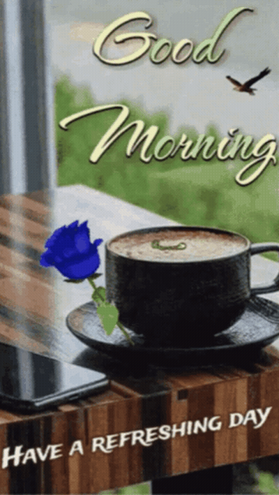 Coffee Cup With Blue Rose And Good Morning GIF
