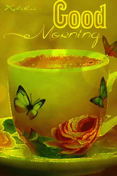 Coffee Cup With Butterflies Saying Good Morning GIF