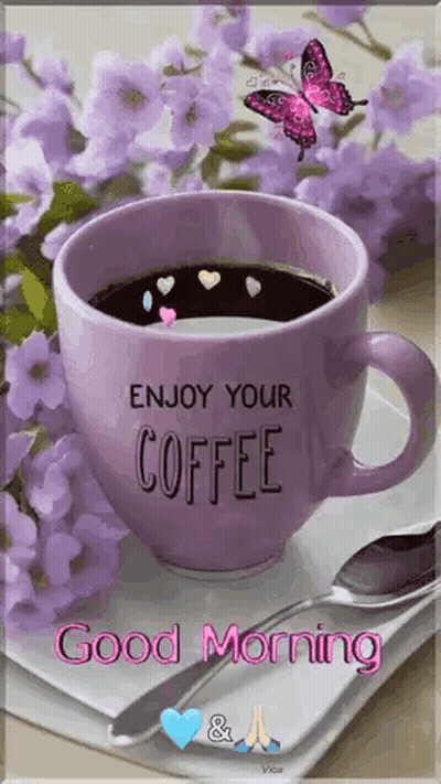Coffee Cup With Butterfly And Purple Flowers GIF