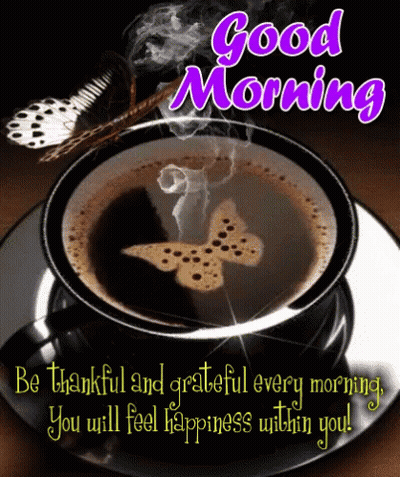 Coffee Cup With Butterfly Saying Good Morning GIF