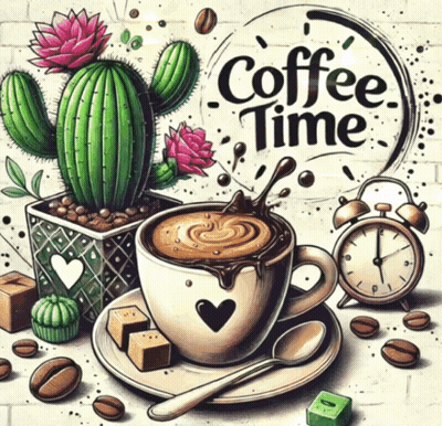 Coffee Cup With Cactus Saying Coffee Time GIF