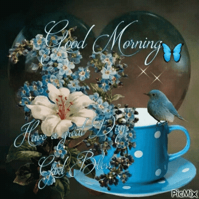 Coffee Cup With Flowers And Bird GIF