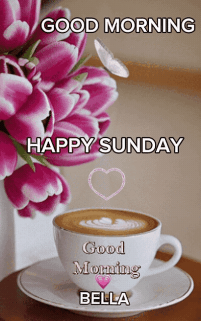 Coffee Cup With Pink Flowers Good Morning Bella GIF