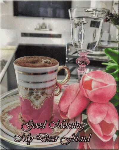 Coffee Cup With Pink Flowers Good Morning GIF