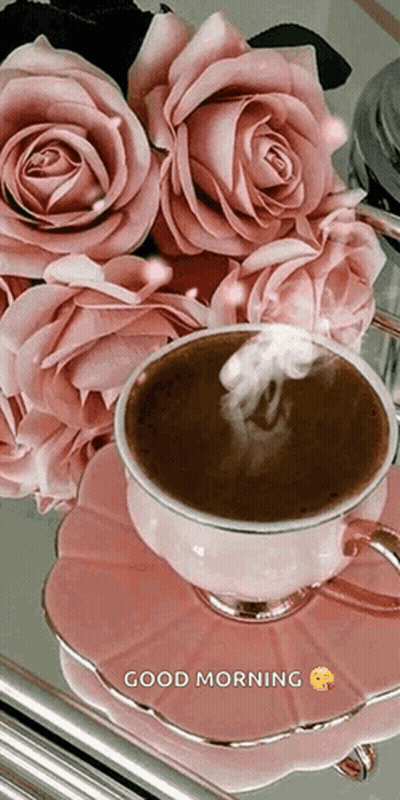 Coffee Cup With Pink Roses GIF
