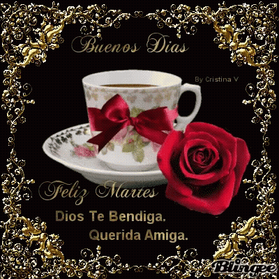 Coffee Cup With Red Rose Saying Buenos Dias Feliz Martes GIF