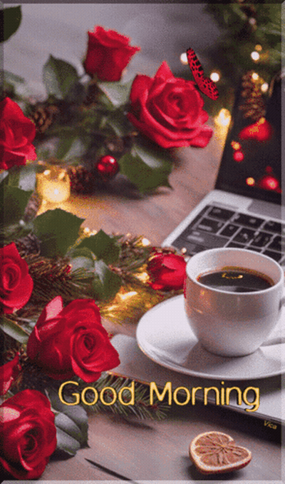 Coffee Cup With Roses And Laptop Saying Good Morning GIF