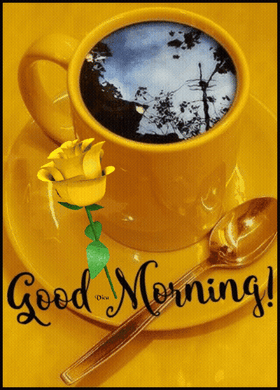 Coffee Cup With Yellow Rose Saying Good Morning GIF