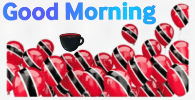 Coffee In Front Of Red And Black Balloons Saying Good Morning GIF