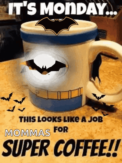 Coffee Mug In Batman Costume With Bats GIF