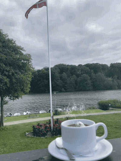 Coffee On Saucer In Front Of Flag And Lake GIF