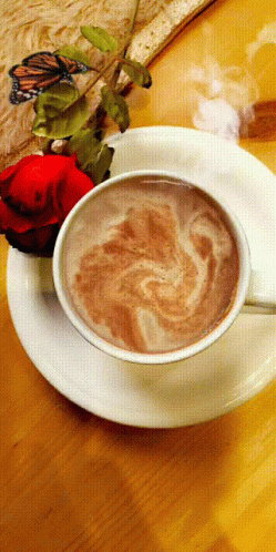 Coffee On Saucer With Rose And Butterfly GIF