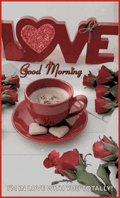 Coffee On Saucer With Roses Saying Good Morning GIF