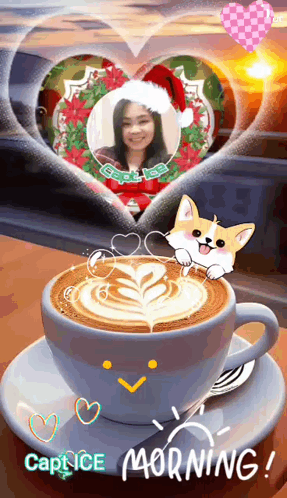 Coffee On Saucer With Woman In Santa Hat GIF