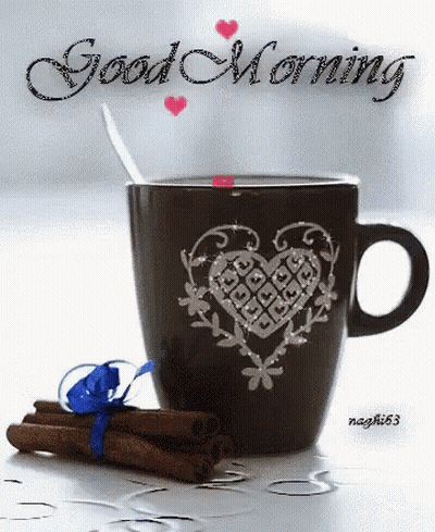 Coffee With Heart And Cinnamon Sticks Saying Good Morning GIF
