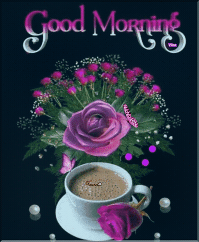 Coffee With Purple Rose Saying Good Morning GIF