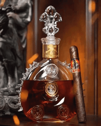 Cognac Bottle Next To Cigar Saying Louis XIII GIF