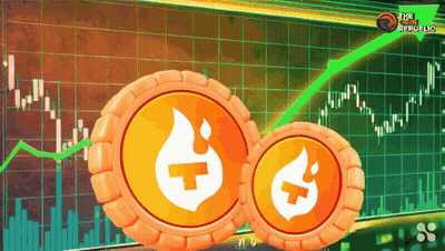 Coin With Flame And Cross In Front Of Stock Chart GIF
