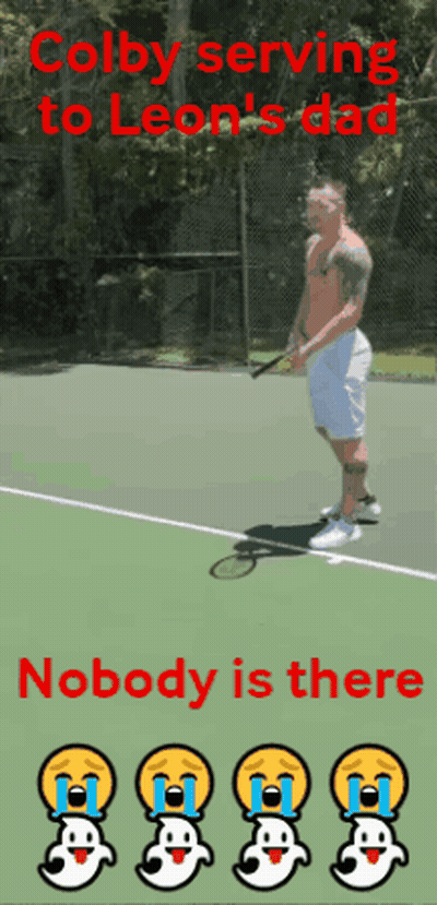 Colby Serving To Leon 'S Dad With A Picture Of A Man On A Tennis Court GIF