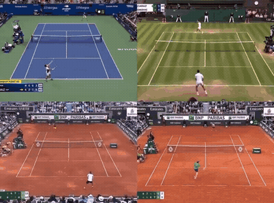Collage Of Four Tennis Courts With BNP Paribas And Emirates Ads GIF