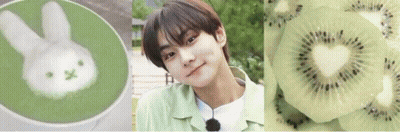 Collage Of Man, Green Tea, And Kiwi Slices GIF
