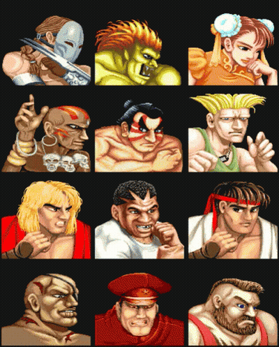 Collage Of Video Game Characters Including Ken Masters And Chun Li GIF