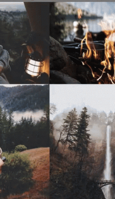 Collage Of Waterfall Campfire And Lantern GIF