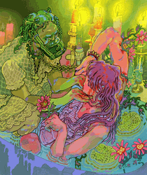 Colorful Animated Couple Caressing In Flowery Tub GIF