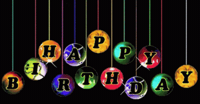 Colorful Balls With The Words Happy Birthday Hanging From Strings On A Black Background GIF