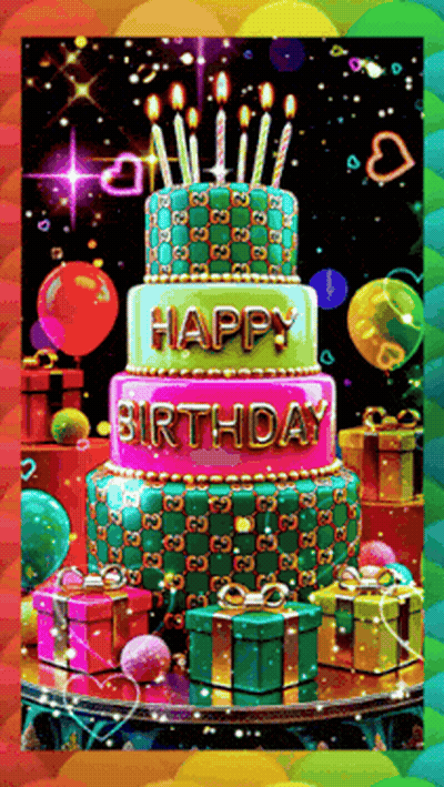 Colorful Birthday Cake With Happy Birthday Presents And Balloons GIF
