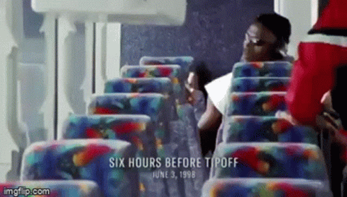 Colorful Bus Seats Saying Six Hours Before Tipoff GIF