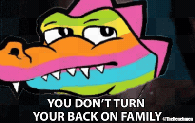 Colorful Cartoon Alligator Saying You Don't Turn Your Back On Family GIF