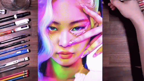 Colorful Drawing Of Woman Face With Prismacolor Marker GIF