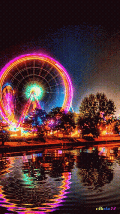 Colorful Ferris Wheel Reflected In Water At Night GIF