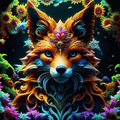 Colorful Fox With Flowers On Head GIF