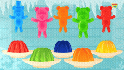 Colorful Gummy Bears On Plates With Kids TV GIF