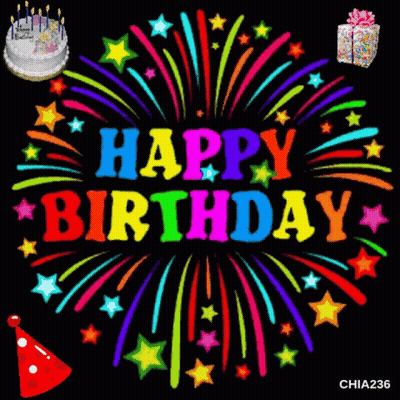 Colorful Happy Birthday Greeting Card With Fireworks And Cake GIF