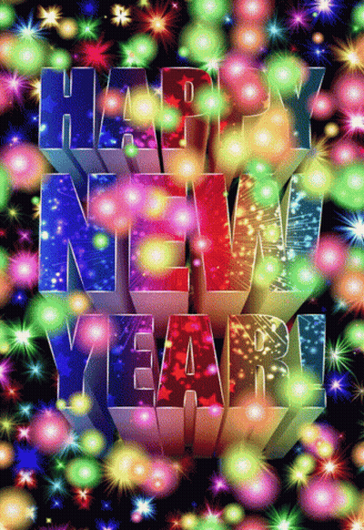Colorful Happy New Year Greeting Card With Fireworks GIF