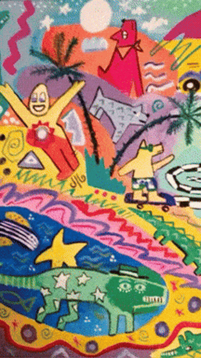 Colorful Painting Man Riding Skateboard With Dog And Car GIF