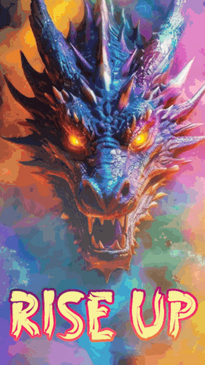 Colorful Poster With Blue Dragon Saying Rise Up GIF