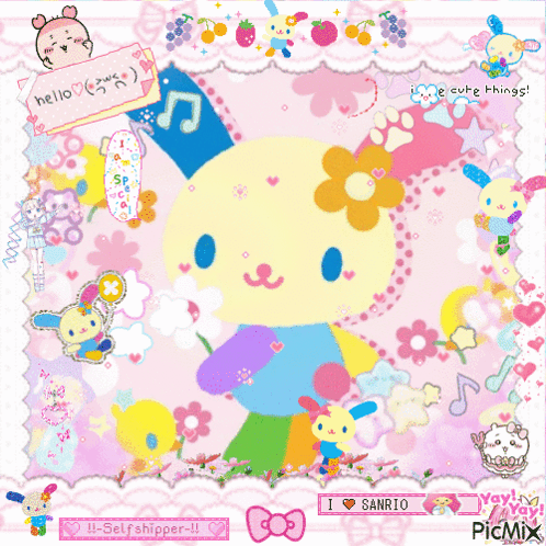 Colorful Sanrio Bunny With Flowers And Hearts GIF