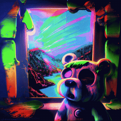 Colorful Teddy Bear Looking Out Window At Painting GIF