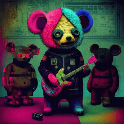 Colorful Teddy Bear Playing Guitar While Others Watch GIF