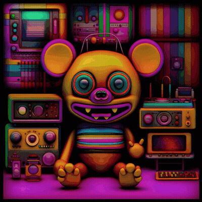 Colorful Teddy Bear Surrounded By Electronics GIF