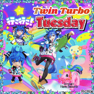 Colorful Twin Turbo Tuesday Poster With Anime Characters GIF
