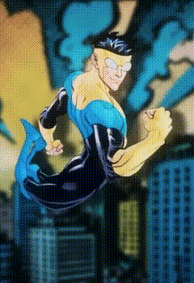 Comic Book Character In Blue And Yellow Suit Flying GIF