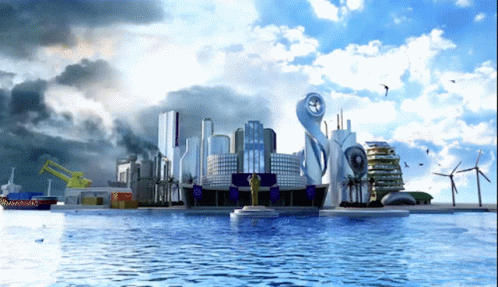 Computer Generated City With Statue In Water GIF