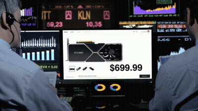 Computer Monitor Displaying RTX 3050 Graphics Card $699.99 GIF
