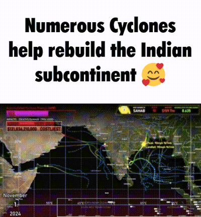 Computer Screen With Numerous Cyclones Help Rebuild The Indian Subcontinent Next To Map GIF